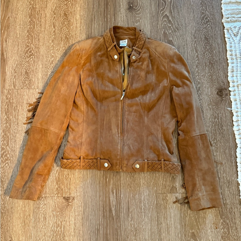 Cache Fringe Goat Suede Leather Western Jacket Chestnut Brown Size 10 - Woman